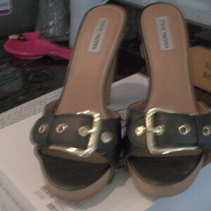 WOMENS STEVE MADDEN CRUNK BLACK LEATHER SLIDES SIZE 9 1/2